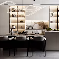 Modern Elegant Open Restaurant Interior With Pendant Lights Dining Table Chairs And Marble Wine Cabinets