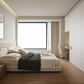 Modern Minimalist Bedroom Interior Design With Beige Bed Nightstand And Wall Art