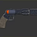 Futuristic Blue Orange Red Pistol With Brown Grip Textured Sci Fi Weapon Design