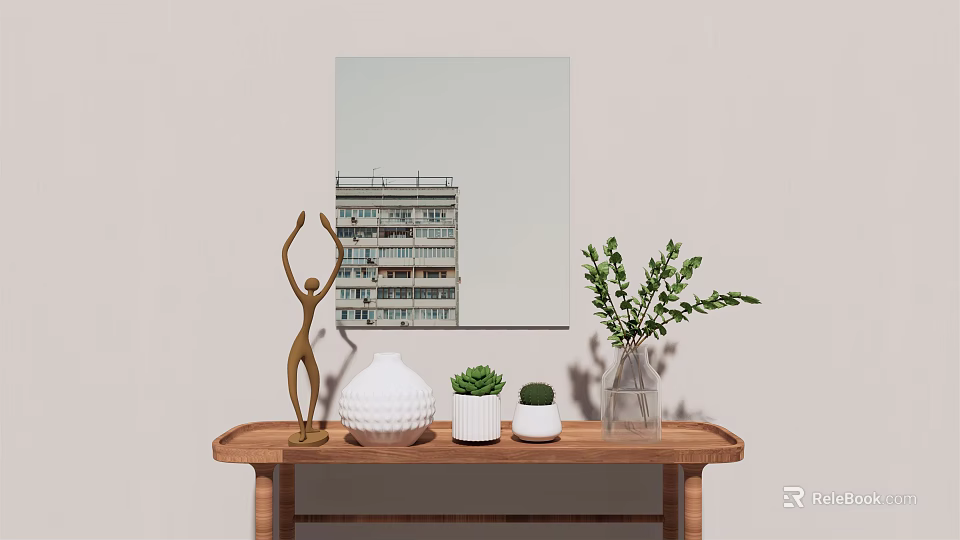 Decorative Ornament Set With Golden Sculpture White Vase And Green Foliage On Wooden Table 3d model 