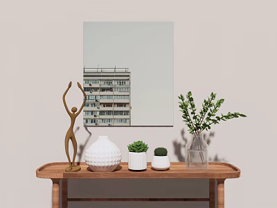 Decorative Ornament Set With Golden Sculpture White Vase And Green Foliage On Wooden Table 3d model
