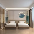 Modern Hotel Guest Room Interior With Double Bed Blue Chair And Circular Decorative Painting