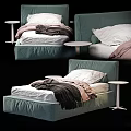 Light Blue Single Bed with White Pillows Dark and Pink Blankets and Side Table 3d model
