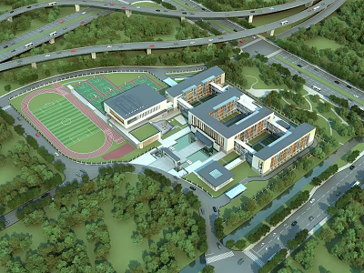 Modern School Buildings With Sports Field Greenery And Surrounding Road Interchange 3d model