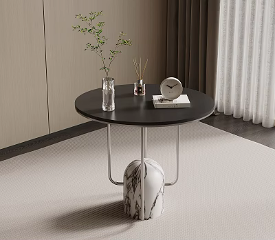 Round Side Table With Black Top Metal Frame Marble Base Clear Vase Plant And Clock 3d model
