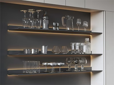 Elegant Modern Wine Cabinet With Glass Shelves Wine Glasses Decanter And LED Lighting 3d model