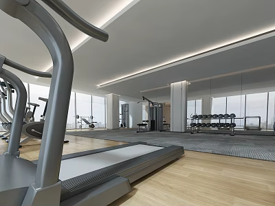 Modern Fitness Gym With Treadmills Strength Training Equipment And Large Windows 3d model