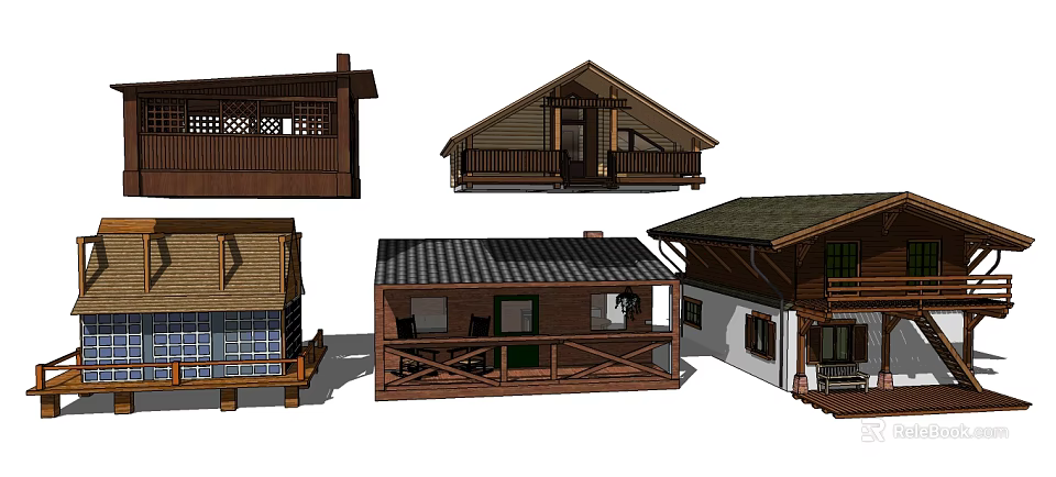 Different Wooden House Designs With Balconies Sloped Roofs And Window Structures 3d model 