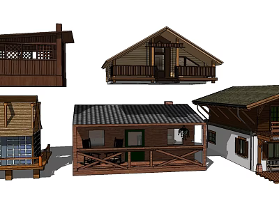Different Wooden House Designs With Balconies Sloped Roofs And Window Structures 3d model