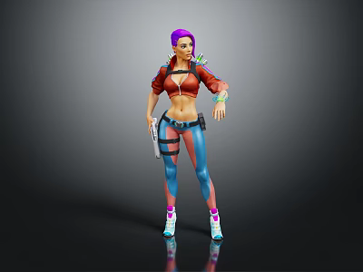 3D Character With Purple Hair Red Jacket Blue Pants Gun And Green Arm Accessory 3d model