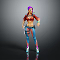 3D Character With Purple Hair Red Jacket Blue Pants Gun And Green Arm Accessory