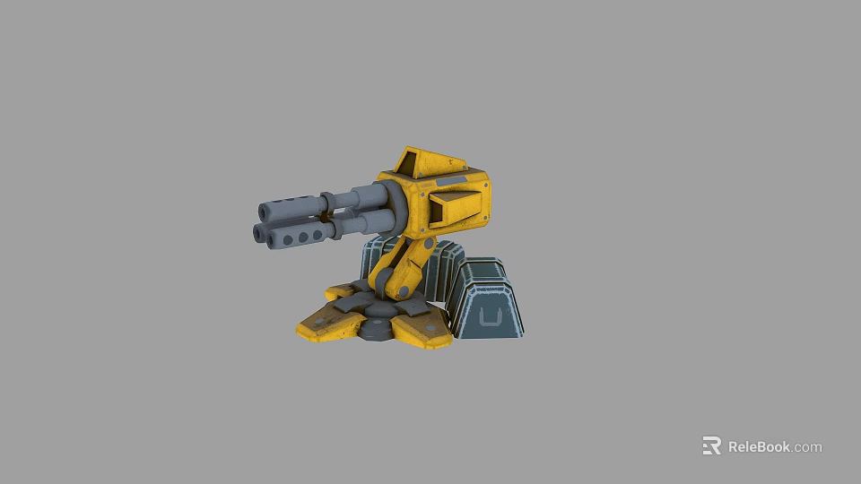 Yellow Mechanical Cannon Weapon with Turret Base and Barrel Structure Design 3d model