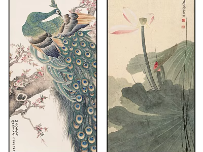 Traditional Chinese Paintings With Peacock On Branch And Lotus With Leaves 3d model