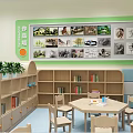 School Classroom Interior With Wooden Tables Chairs Green Plants And Wall Decorations
