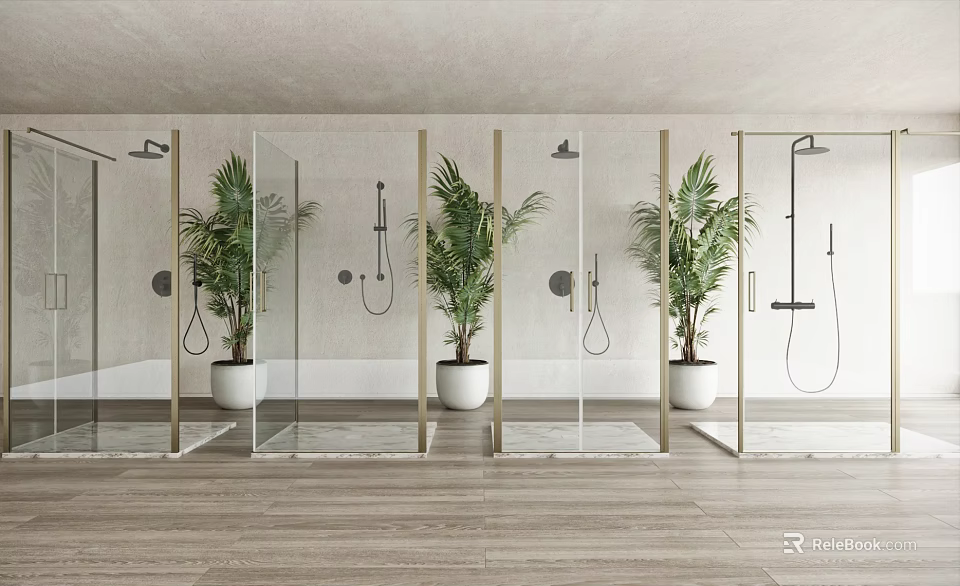 Modern Shower Room With Glass Partitions And Potted Plants 3d model 