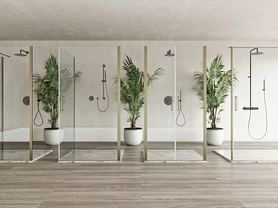 Modern Shower Room With Glass Partitions And Potted Plants 3d model