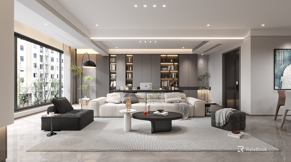 Modern Living And Dining Room Interior With White Sofa Grey Bookshelf And Green Plants 3d model 