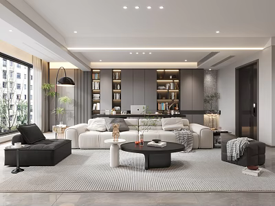 Modern Living And Dining Room Interior With White Sofa Grey Bookshelf And Green Plants 3d model