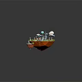 Colorful Cartoon Scenery Featuring Two Floating Islands With City Buildings Green Plants Clouds And Windmills