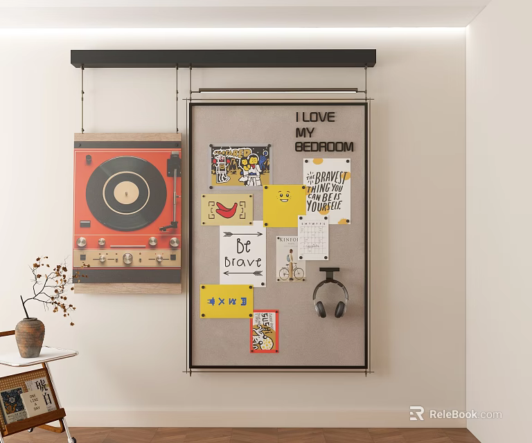 Creative Wall Decor with Red Vinyl Record Poster Stickers Notes and Headphones 3d model