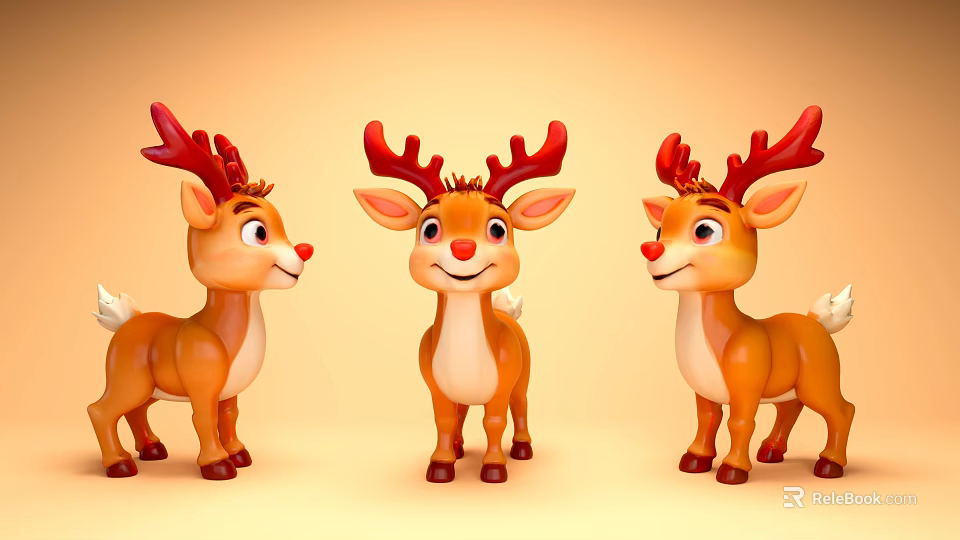 Cute Cartoon Reindeer With Red Antlers Smiling Faces And Light Background 3d model 