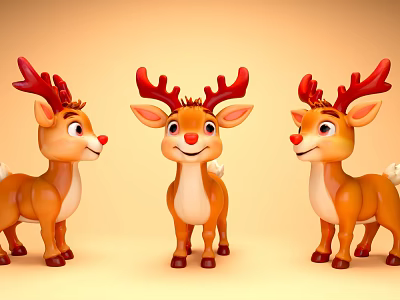 Cute Cartoon Reindeer With Red Antlers Smiling Faces And Light Background 3d model