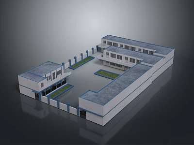 Scenic Courtyard Landscape With White Buildings Blue Roofs And Central Green Spaces 3d model