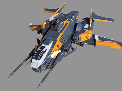 Futuristic Fighter Jet with Gray Orange Yellow Sleek Aerodynamic Design Multiple Wings and Armament Systems 3d model