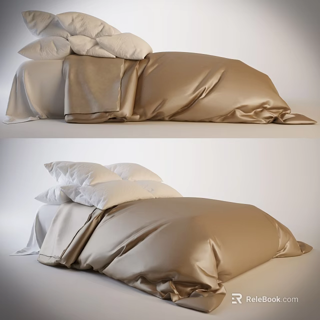 Luxurious Beige Double Bed With Soft Silk Bed Sheets And White Pillows 3d model 