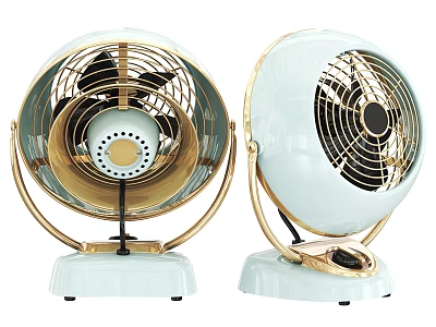Two Vintage Style Air Conditioner Fans With Light Blue And Gold Design And Stable Base 3d model