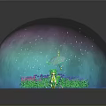 Cartoon Scene of Green Haired Character Holding Decorated Umbrella in Colorful Flower Bushes with Raindrops
