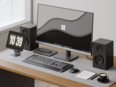 Modern Desktop Computer Setup With Monitor Speakers Keyboard Mouse Time Display And Wooden Desk 3d model