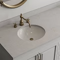 Elegant Bathroom Vanity With Double Oval Gold Framed Mirrors Dual Faucets White Cabinets Drawers
