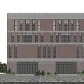 Modern Red Brick Multi Storey Residential Building With Windows Green Plants And Paved Ground
