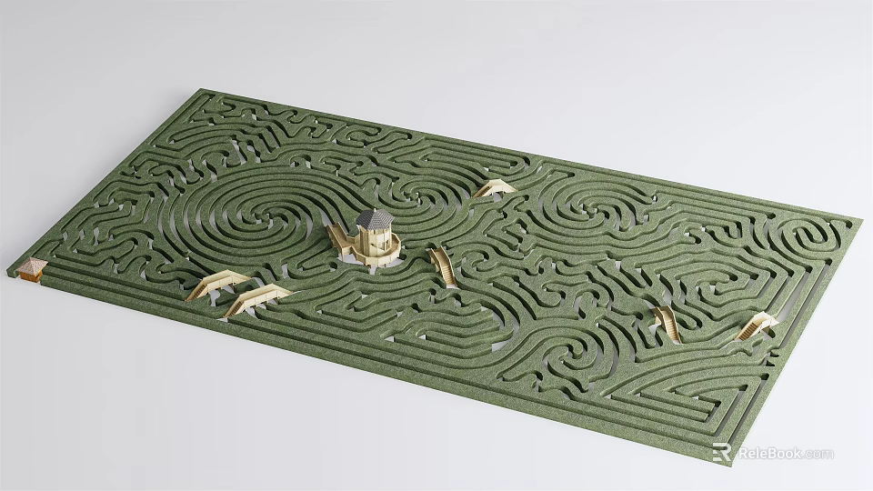 Garden Ornament Featuring Green Labyrinth Pattern Golden Decorative Elements and Central Miniature Structure 3d model