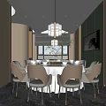 Modern Private Dining Room Interior With Round Table Chandelier White Tablecloth And Chairs 3d model