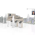 Display Equipment Setup With Showroom Counters Digital Screens Human Figures And Self Service Devices