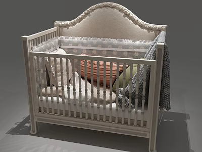White Baby Crib With Curved Upholstered Headboard Soft Pillows And Blankets 3d model