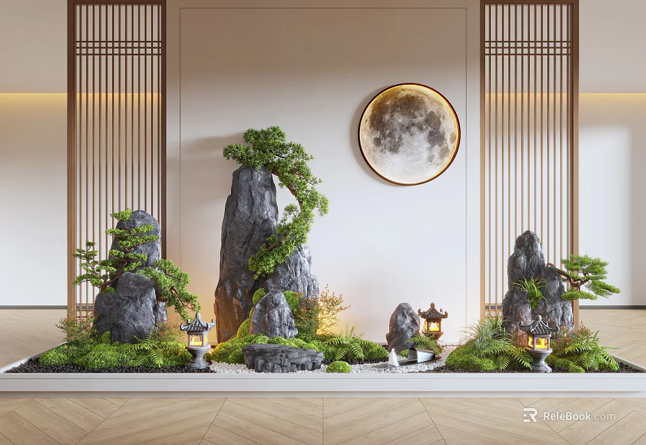 Traditional Chinese Indoor Landscape With Rock Formations Pine Trees Lanterns And Round Moon Decoration 3d model 