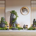 Traditional Chinese Indoor Landscape With Rock Formations Pine Trees Lanterns And Round Moon Decoration