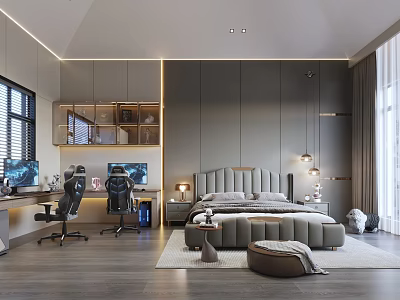 Modern Gray Bedroom Interior Featuring Built in Lights Study Desk Computer Monitors Office Chairs And Cozy Rug 3d model