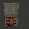 Rustic Wooden Log Cabin With Shingle Roof Red Door Lit Window Porch And Fence