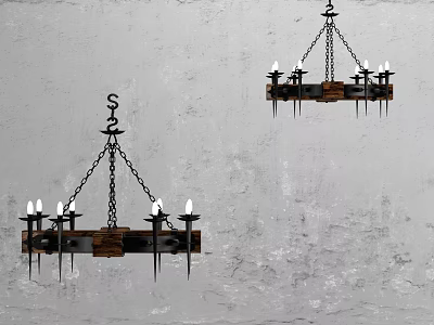 Vintage Rustic Chandelier With Wooden Frame Metal Chains And Candle Shaped Lights 3d model