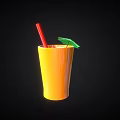 Orange Drinking Glass with Blue Liquid Ice Cubes Red Straw and Green Garnish