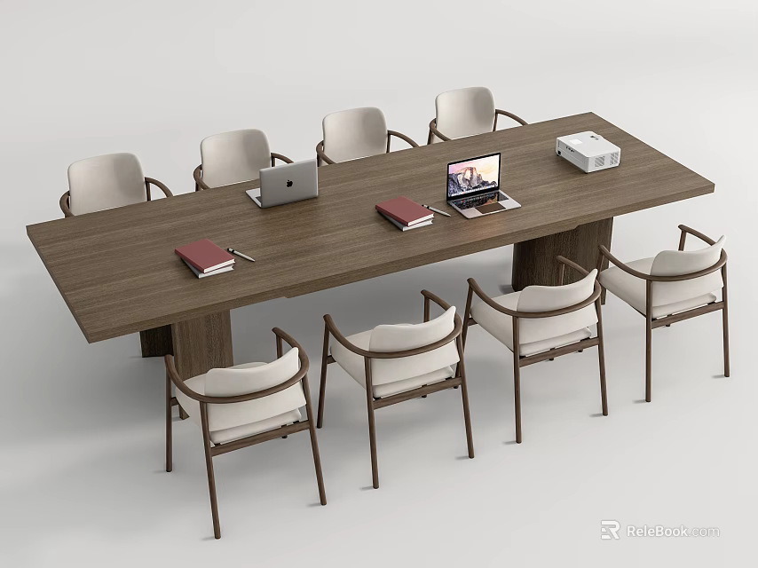 Modern Long Wooden Conference Table With Chairs Laptop Books And Office Supplies 3d model 