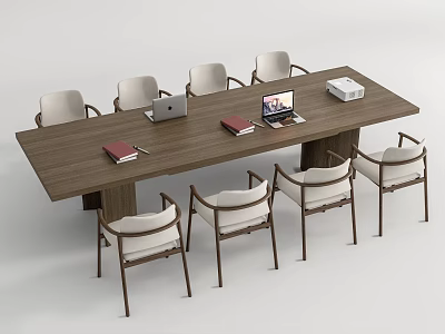 Modern Long Wooden Conference Table With Chairs Laptop Books And Office Supplies 3d model