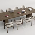 Modern Long Wooden Conference Table With Chairs Laptop Books And Office Supplies
