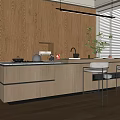Modern Kitchen Interior With Wooden Cabinets Island Counter Bar Stools And Green Plant