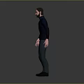 Man in Dark Blue Turtleneck Sweater Dark Pants and Black Shoes Standing Against Gray Background