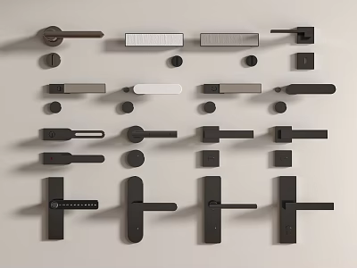 Various Modern Door Handles Displayed on Wall with Sleek Metal Styles 3d model